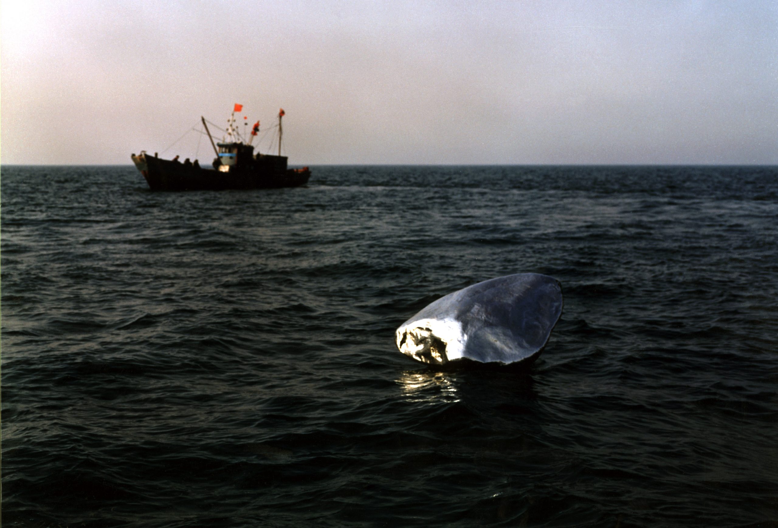 A shiny silver object floating in the water with a fishing boat in the background.
